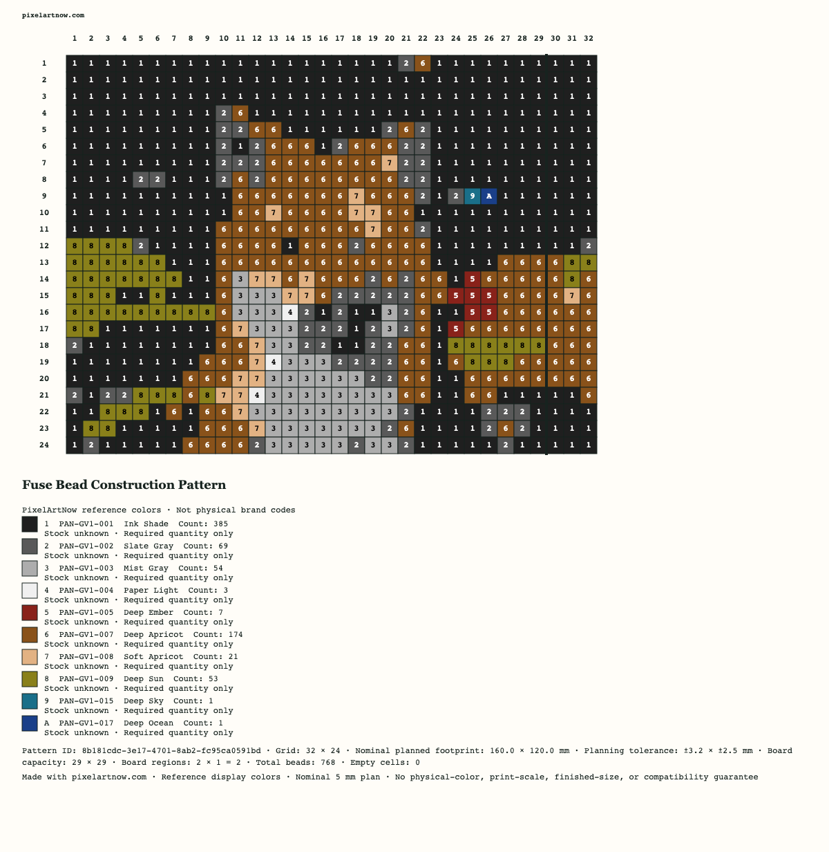 Actual fox construction PNG, with numbered cells and a legend of 10 reference colors