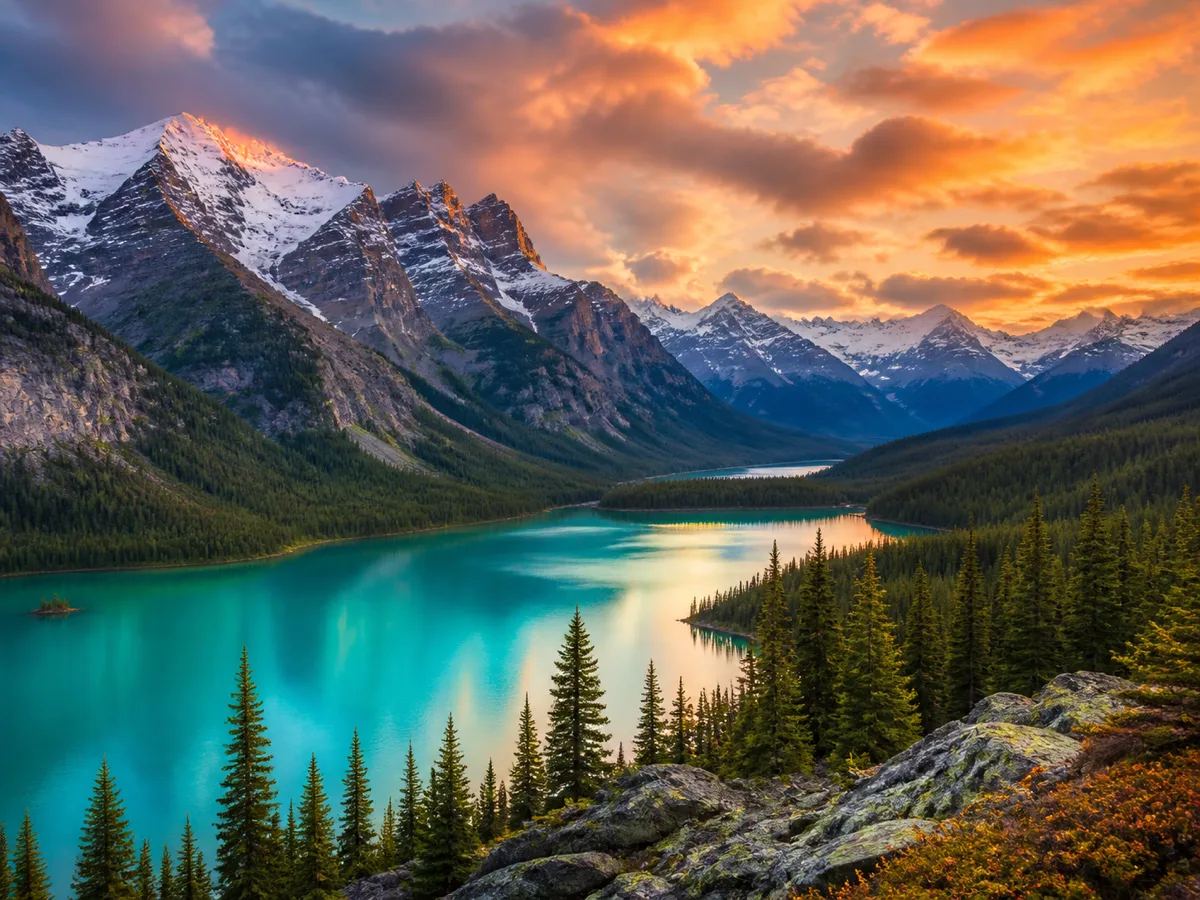 A mountain valley with a turquoise lake at golden hour