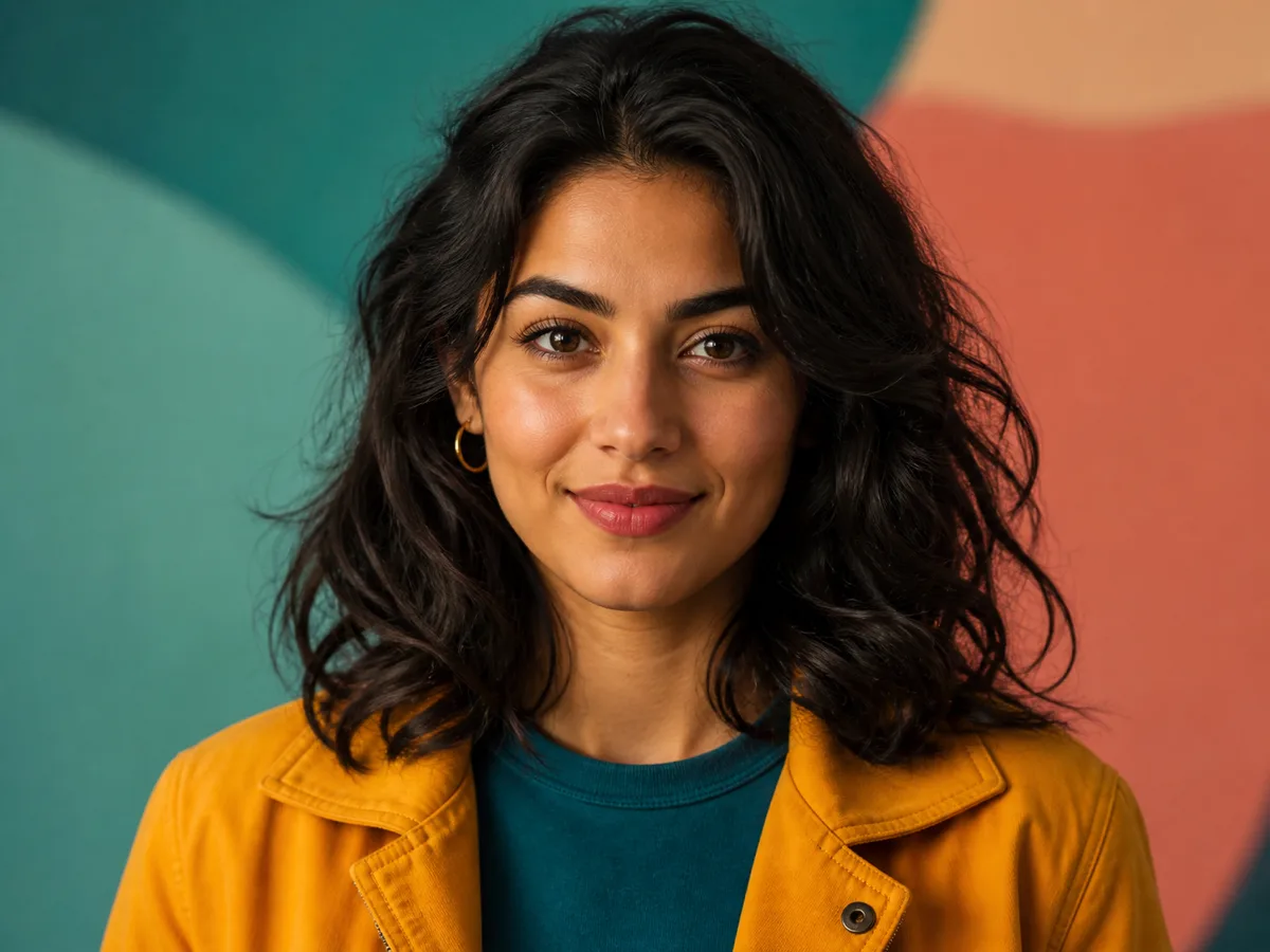 A fictional woman in a colorful studio portrait
